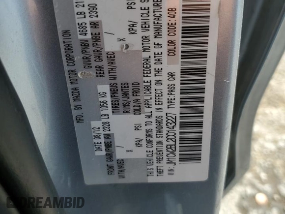 2012 Mazda 5 Sport with VIN JM1CW2BL2C0143227, listed as a Copart auction lot 71596794 with 231,473 mi miles and Salvage Title. Bid and sale history available at DreamBid. Image 13.