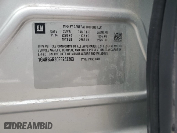2015 Buick LaCrosse Leather with VIN 1G4GB5G30FF232363, listed as a Copart auction lot 51501605 with 169,767 mi miles and Salvage Title. Bid and sale history available at carsss.com. Image 12.