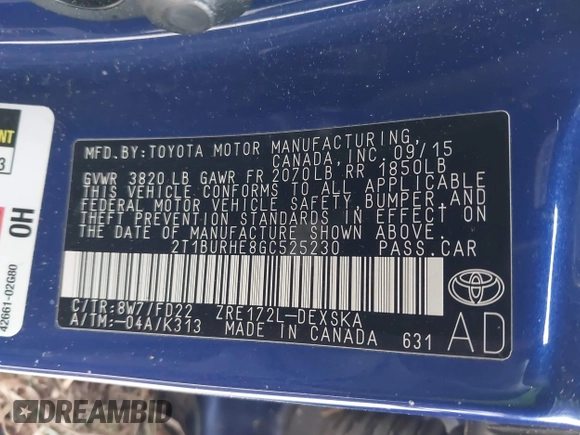 2016 Toyota Corolla L with VIN 2T1BURHE8GC525230, listed as a IAAI auction lot 41610808 with 115,515 mi miles and . Bid and sale history available at DreamBid. Image 9.