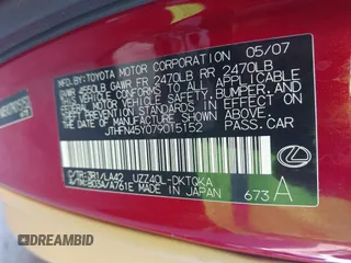 2007 Lexus SC 430 with VIN JTHFN45Y079015152, listed as a IAAI auction lot 40929966 with 70,618 mi miles and . Bid and sale history available at DreamBid. Image 9.