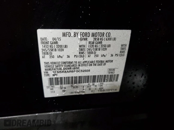 2015 Ford Utility Police Interceptor with VIN 1FM5K8AR6FGC52505, listed as a Copart auction lot 61448574 with 0 mi miles and Salvage Title. Bid and sale history available at carsss.com. Image 13.