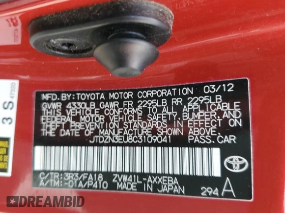 2012 Toyota Prius Two z VIN JTDZN3EU8C3109041, wystawiony jako Copart lot #58382015 z przebiegiem 113 813 mil mil oraz Szkoda całkowita • Salvage title. Historia ofert i sprzedaży dostępna na DreamBid. Obrazek 13.