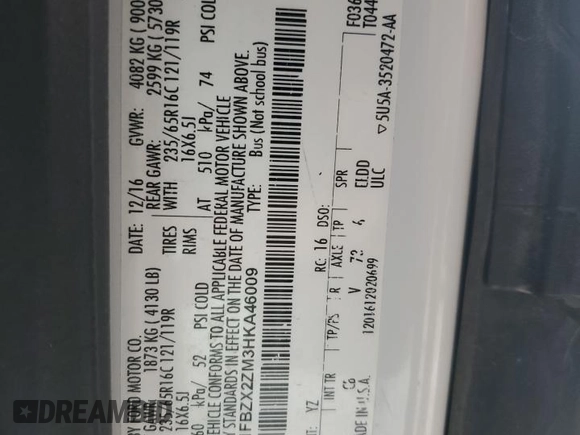 2017 Ford Transit XL z VIN 1FBZX2ZM3HKA46009, wystawiony jako Copart lot #46691195 z przebiegiem 134 357 mil mil oraz Czysty tytuł • Clean title. Historia ofert i sprzedaży dostępna na DreamBid. Obrazek 13.