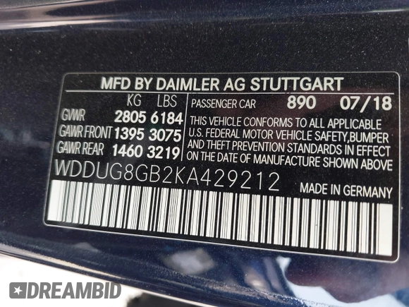2019 Mercedes-Benz S 560 with VIN WDDUG8GB2KA429212, listed as a IAAI auction lot 41473457 with 53,843 mi miles and . Bid and sale history available at DreamBid. Image 9.