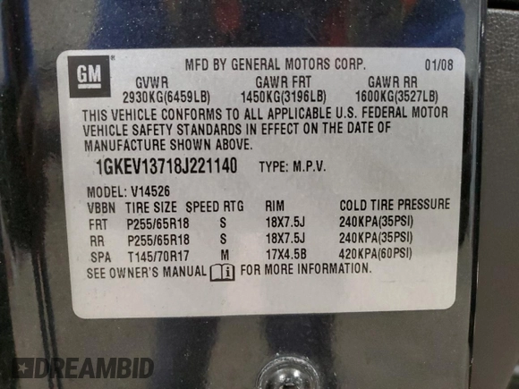 2008 GMC Acadia SLE1 with VIN 1GKEV13718J221140, listed as a Copart auction lot 82445424 with 107,020 mi miles and Clean Title. Bid and sale history available at carsss.com. Image 13.