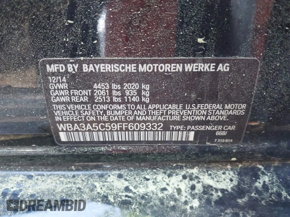 2015 BMW 3 Series 328i with VIN WBA3A5C59FF609332, listed as a IAAI auction lot 41994091 with 194,245 mi miles. Bid and sale history available at carsss.com. Image 9.