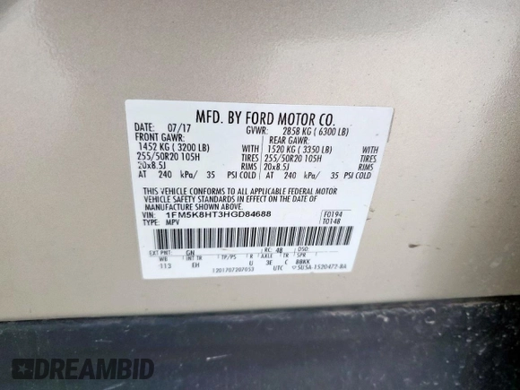 2017 Ford Explorer Platinum с VIN 1FM5K8HT3HGD84688, выставлен на аукционе Copart как лот 57311355 с пробегом 101 599 миль миль и Списание • Salvage title. История ставок и продаж доступна на DreamBid. Изображение 12.