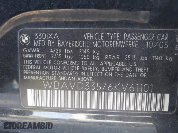 2006 BMW 3 Series 330xi with VIN WBAVD33576KV61101, listed as a IAAI auction lot 42601393 with 182,487 mi miles and . Bid and sale history available at DreamBid. Image 9.