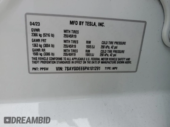 2023 Tesla Model Y Long Range with VIN 7SAYGDEE6PA101291, listed as a Copart auction lot 52758115 with 7,250 mi miles and Salvage Title. Bid and sale history available at DreamBid. Image 14.