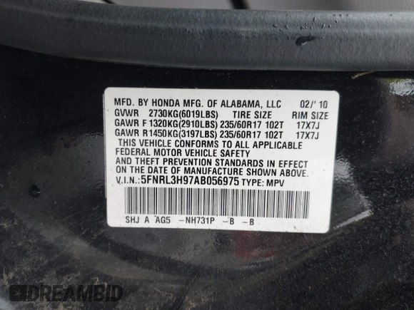 2010 Honda Odyssey Touring with VIN 5FNRL3H97AB056975, listed as a IAAI auction lot 42169269 with 183,483 mi miles. Bid and sale history available at carsss.com. Image 9.