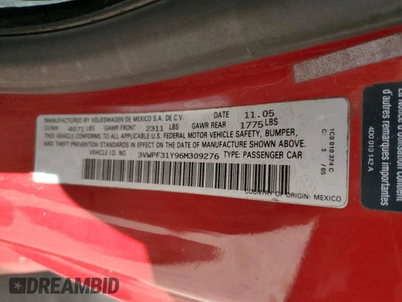 2006 Volkswagen Beetle with VIN 3VWPF31Y96M309276, listed as a Copart auction lot 56064684 with Not provided miles and Salvage title. Bid and sale history available at DreamBid. Image 12.