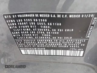 2020 Volkswagen Tiguan S z VIN 3VV1B7AX3LM103449, wystawiony jako IAAI lot #42044171 z przebiegiem 45 195 mil mil oraz . Historia ofert i sprzedaży dostępna na DreamBid. Obrazek 9.