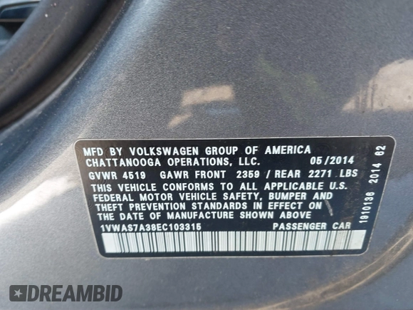 2014 Volkswagen Passat Wolfsburg Edition with VIN 1VWAS7A38EC103315, listed as a IAAI auction lot 41604916 with 144,267 mi miles and . Bid and sale history available at DreamBid. Image 9.