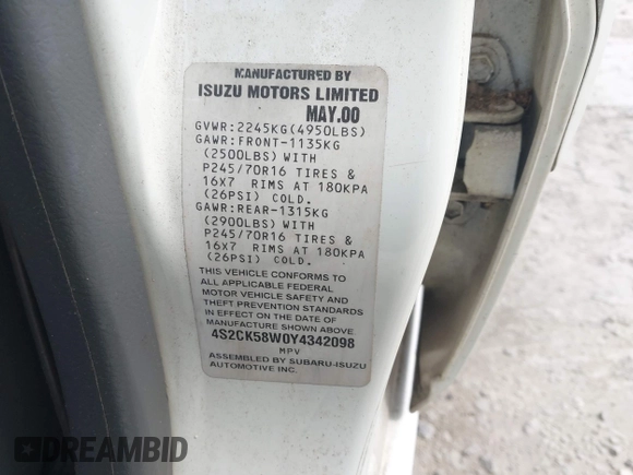 2000 Isuzu Rodeo S z VIN 4S2CK58W0Y4342098, wystawiony jako IAAI lot #42305343 z przebiegiem 150 367 mil mil oraz . Historia ofert i sprzedaży dostępna na DreamBid. Obrazek 9.