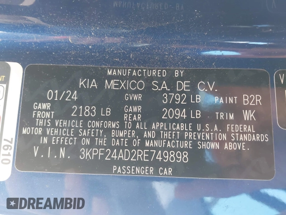 2024 Kia Forte LXS with VIN 3KPF24AD2RE749898, listed as a IAAI auction lot 41620623 with 4,378 mi miles and . Bid and sale history available at DreamBid. Image 9.