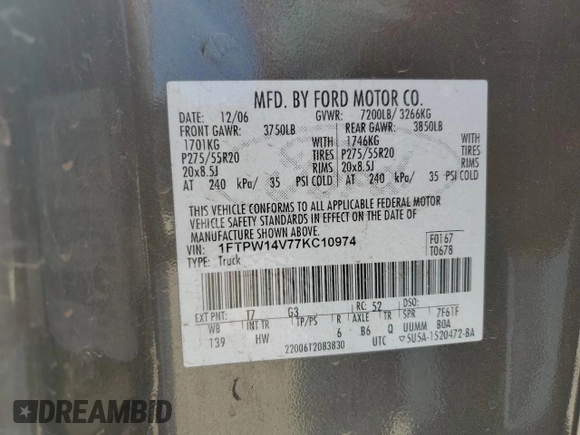 2007 Ford F-150 XLT with VIN 1FTPW14V77KC10974, listed as a Copart auction lot 52393455 with 167,297 mi miles and Salvage Title. Bid and sale history available at DreamBid. Image 14.