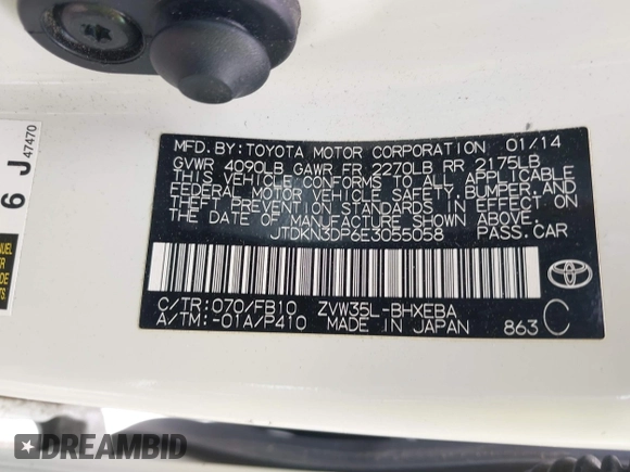 2014 Toyota Prius with VIN JTDKN3DP6E3055058, listed as a IAAI auction lot 42233555 with 133,718 mi miles and . Bid and sale history available at DreamBid. Image 9.