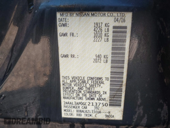 2016 Nissan Altima S with VIN 1N4AL3AP0GC213750, listed as a IAAI auction lot 41675025 with 131,679 mi miles and . Bid and sale history available at carsss.com. Image 9.
