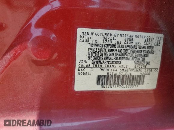 2012 Nissan Versa SL with VIN 3N1CN7AP7CL823893, listed as a Copart auction lot 59086175 with 104,298 mi miles and Salvage title. Bid and sale history available at DreamBid. Image 12.