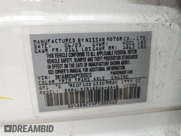2023 Nissan Sentra SV with VIN 3N1AB8CV4PY302012, listed as a Copart auction lot 54521645 with 38,646 mi miles and Salvage Title. Bid and sale history available at DreamBid. Image 12.