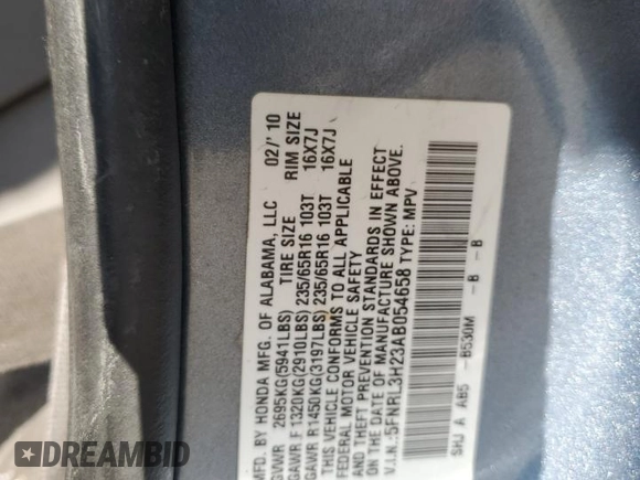 2010 Honda Odyssey LX with VIN 5FNRL3H23AB054658, listed as a Copart auction lot 62322195 with 160,550 mi miles and Salvage title. Bid and sale history available at DreamBid. Image 13.