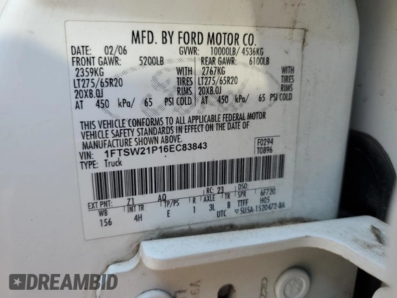 2006 Ford F-250 XL with VIN 1FTSW21P16EC83843, listed as a Copart auction lot 63659035 with 213,056 mi miles and Clean title. Bid and sale history available at DreamBid. Image 12.