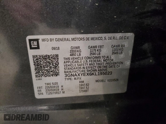 2019 Chevrolet Equinox Premier z VIN 3GNAXYEX6KL195023, wystawiony jako Copart lot #59099375 z przebiegiem 95 586 mil mil oraz Szkoda całkowita • Salvage title. Historia ofert i sprzedaży dostępna na DreamBid. Obrazek 13.