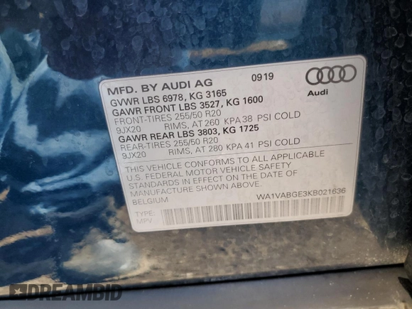 2019 Audi e-tron Prestige with VIN WA1VABGE3KB021636, listed as a Copart auction lot 54735895 with 72,774 mi miles and Salvage Title. Bid and sale history available at DreamBid. Image 13.