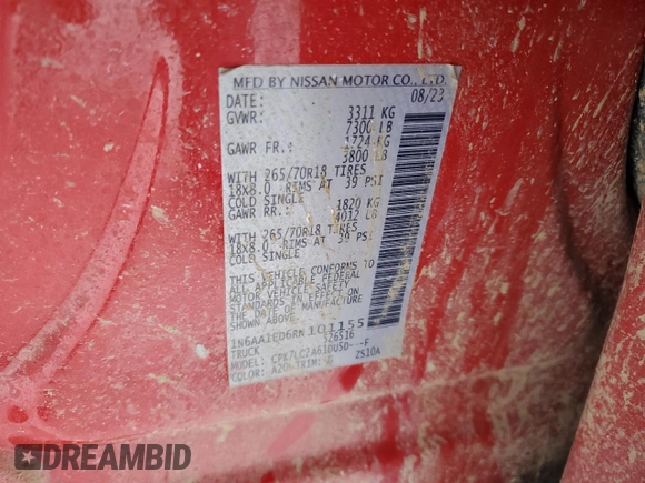 2024 Nissan Titan Pro-4X with VIN 1N6AA1ED6RN101155, listed as a Copart auction lot 41508525 with 16,622 mi miles and Salvage title. Bid and sale history available at DreamBid. Image 13.