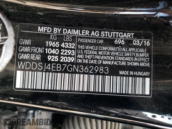 2016 Mercedes-Benz CLA 250 with VIN WDDSJ4EB7GN362983, listed as a Copart auction lot 44236314 with 88,552 mi miles and . Bid and sale history available at DreamBid. Image 12.
