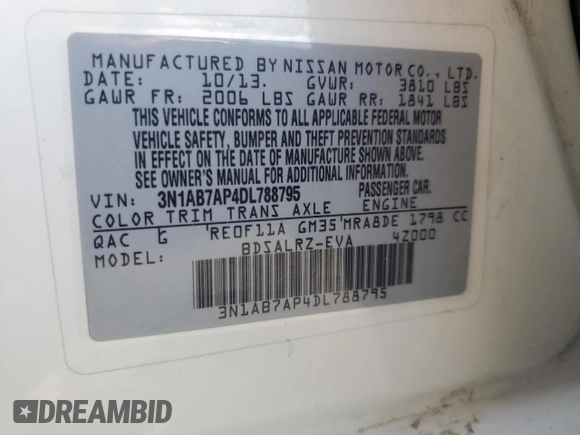 2013 Nissan Sentra SV with VIN 3N1AB7AP4DL788795, listed as a Copart auction lot 52013425 with 101,194 mi miles and Salvage Title. Bid and sale history available at DreamBid. Image 13.
