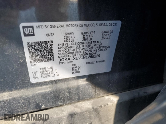 2022 GMC Terrain Denali with VIN 3GKALXEV1NL255229, listed as a Copart auction lot 88162335 with 41,835 mi miles and Salvage title. Bid and sale history available at DreamBid. Image 16.
