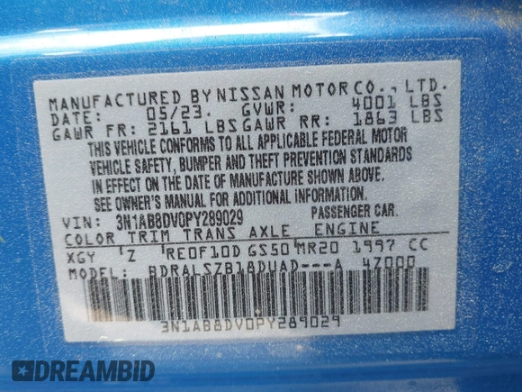 2023 Nissan Sentra SR with VIN 3N1AB8DV0PY289029, listed as a IAAI auction lot 41918957 with 25,910 mi miles and . Bid and sale history available at DreamBid. Image 9.