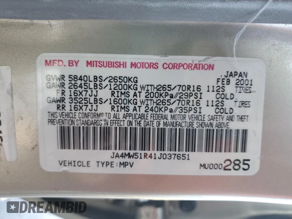 2001 Mitsubishi Montero Limited z VIN JA4MW51R41J037651, wystawiony jako Copart lot #43964815 z przebiegiem 155 578 mil mil oraz Tytuł czysty. Historia ofert i sprzedaży dostępna na DreamBid. Obrazek 12.