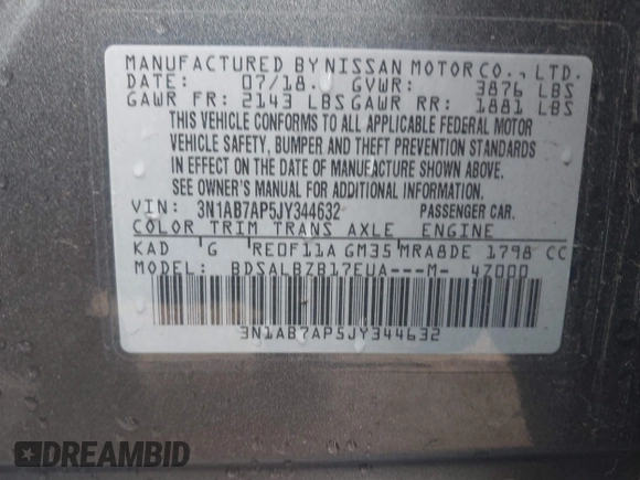 2018 Nissan Sentra SV z VIN 3N1AB7AP5JY344632, wystawiony jako IAAI lot #41776158 z przebiegiem 64 406 mil mil oraz . Historia ofert i sprzedaży dostępna na DreamBid. Obrazek 9.