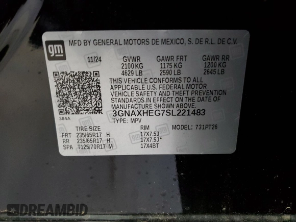 2025 Chevrolet Equinox FWD LT with VIN 3GNAXHEG7SL221483, listed as a Copart auction lot 54691705 with 5,524 mi miles and Salvage Title. Bid and sale history available at DreamBid. Image 13.