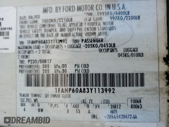 2003 Ford Thunderbird Deluxe z VIN 1FAHP60A83Y113992, wystawiony jako Copart lot #77277574 z przebiegiem Nie podano mil oraz Nie do naprawy • Non repairable. Historia ofert i sprzedaży dostępna na DreamBid. Obrazek 12.