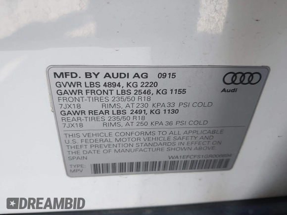 2016 Audi Q3 Premium Plus with VIN WA1EFCFS1GR006694, listed as a IAAI auction lot 42007479 with 103,901 mi miles and . Bid and sale history available at DreamBid. Image 9.