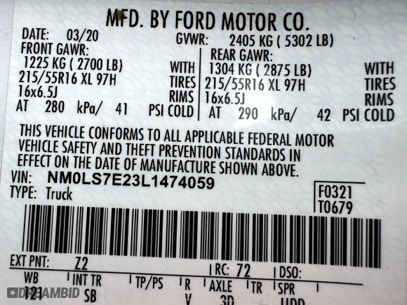 2020 Ford Transit Connect Van XL with VIN NM0LS7E23L1474059, listed as a Copart auction lot 52047065 with 186,792 mi miles and Clean Title. Bid and sale history available at carsss.com. Image 10.