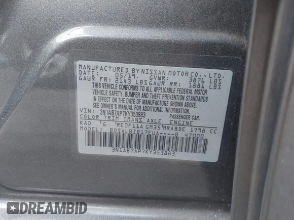 2019 Nissan Sentra SR with VIN 3N1AB7AP7KY353883, listed as a IAAI auction lot 40992437 with 101,343 mi miles and . Bid and sale history available at DreamBid. Image 9.