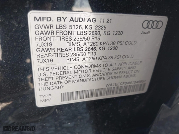 2022 Audi Q3 S line Premium Plus with VIN WA1EECF34N1048557, listed as a IAAI auction lot 41758015 with 38,234 mi miles. Bid and sale history available at carsss.com. Image 9.