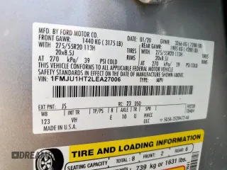 2020 Ford Expedition XLT с VIN 1FMJU1HT2LEA27006, выставлен на аукционе Copart как лот 63314345 с пробегом 76 116 миль миль и Списание • Salvage title. История ставок и продаж доступна на DreamBid. Изображение 13.