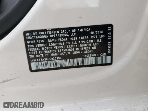 2014 Volkswagen Passat Wolfsburg Edition with VIN 1VWAT7A38EC030430, listed as a Copart auction lot 52432355 with Not provided miles and Salvage title. Bid and sale history available at DreamBid. Image 13.