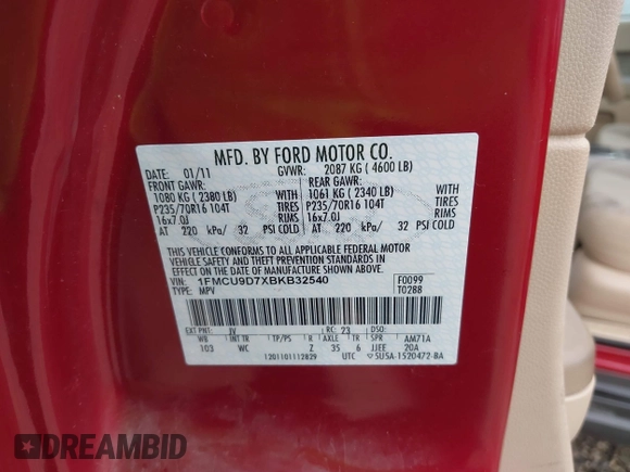 2011 Ford Escape XLT с VIN 1FMCU9D7XBKB32540, выставлен на аукционе IAAI как лот 42327433 с пробегом 73 075 миль миль и . История ставок и продаж доступна на DreamBid. Изображение 9.