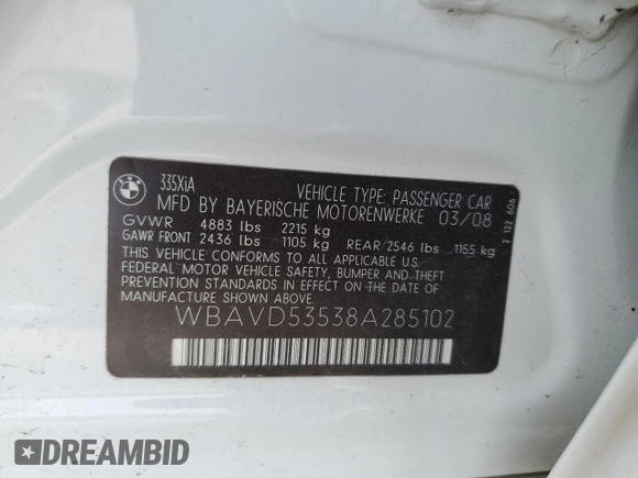 2008 BMW 3 Series 335xi with VIN WBAVD53538A285102, listed as a Copart auction lot 47385935 with 117,640 mi miles and Salvage Title. Bid and sale history available at carsss.com. Image 12.