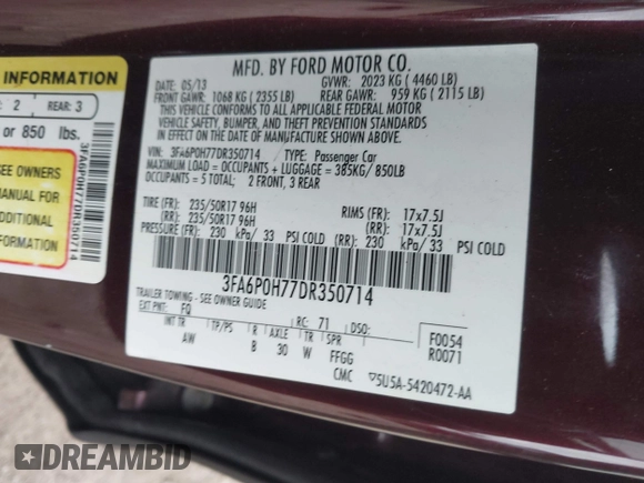 2013 Ford Fusion SE with VIN 3FA6P0H77DR350714, listed as a IAAI auction lot 42025063 with 112,876 mi miles. Bid and sale history available at carsss.com. Image 9.