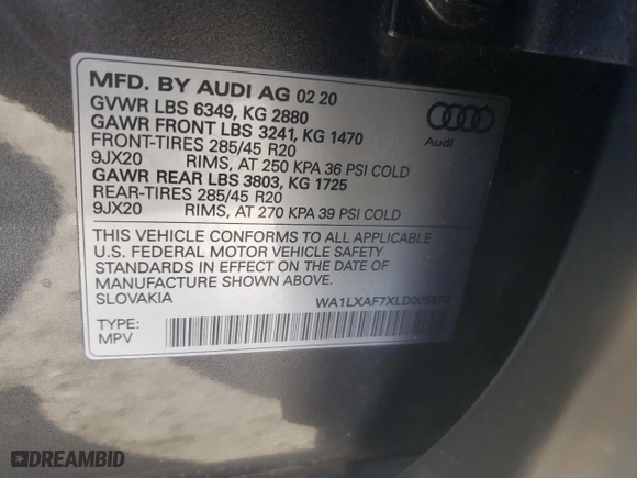 2020 Audi Q7 Premium Plus with VIN WA1LXAF7XLD005572, listed as a Copart auction lot 85310204 with 76,961 mi miles and Clean Title. Bid and sale history available at carsss.com. Image 15.