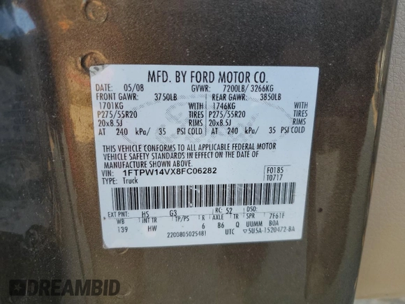 2008 Ford F-150 XLT с VIN 1FTPW14VX8FC06282, выставлен на аукционе Copart как лот 75714604 с пробегом 234 227 миль миль и Списание • Salvage title. История ставок и продаж доступна на DreamBid. Изображение 12.