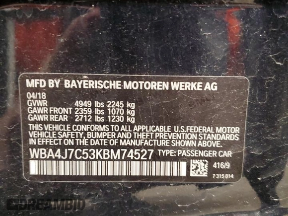 2019 BMW 4 Series 440i xDrive with VIN WBA4J7C53KBM74527, listed as a Copart auction lot 82386114 with 60,751 mi miles and Non Repairable. Bid and sale history available at carsss.com. Image 13.