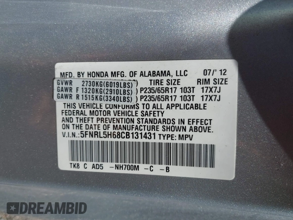 2012 Honda Odyssey EX-L with VIN 5FNRL5H68CB131431, listed as a IAAI auction lot 42012749 with 245,649 mi miles and . Bid and sale history available at carsss.com. Image 9.